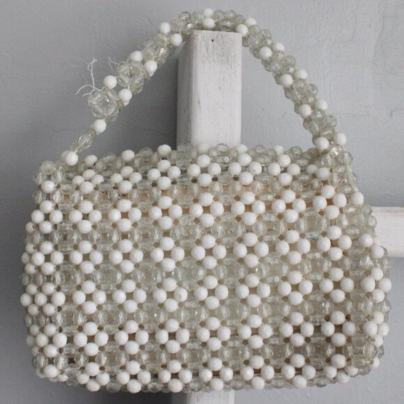 Vintage 1960s Clear & White Plastic Beaded Evening Party Handbag Purse - Picture 2 of 5